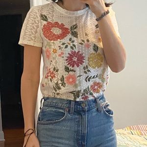 Zara, white crochet short-sleeved top with flowers, size S